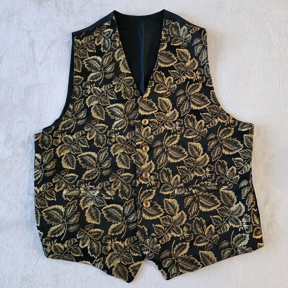 Vest Mens 40 Gold Leaves Print Black‎ Art to Wear Waistcoat Gillet Event Wedding